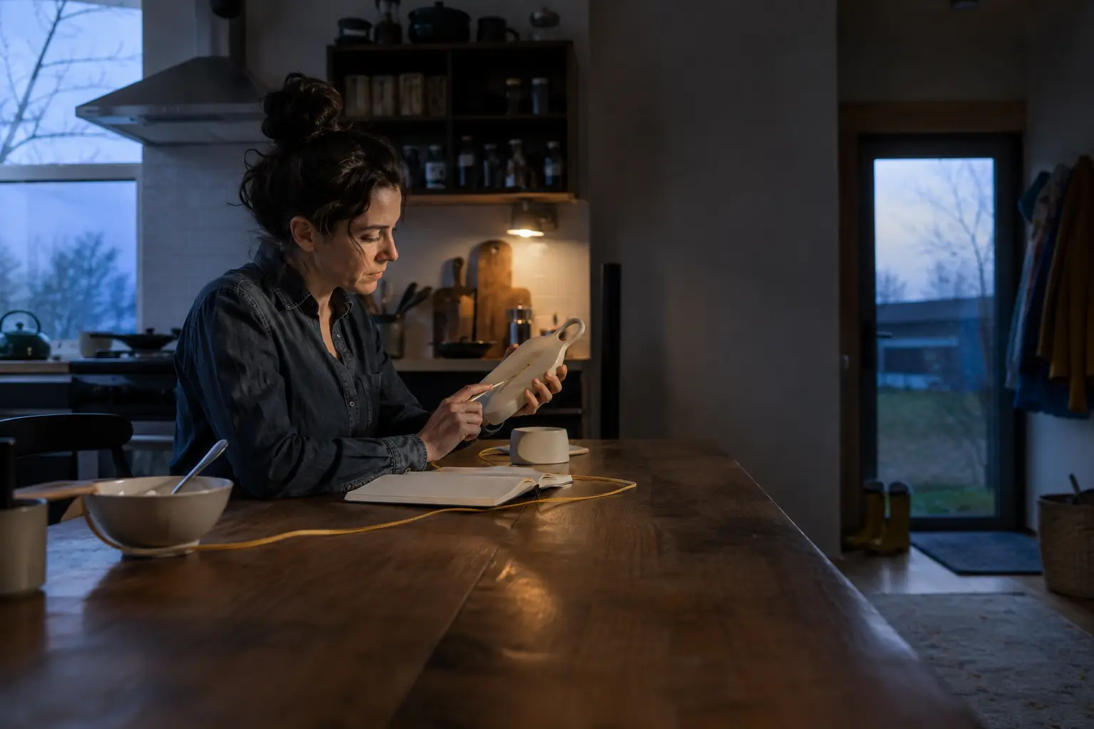 Fictional adult entrepreneur reviewing a blank ceramic prototype at a kitchen worktable before sunrise