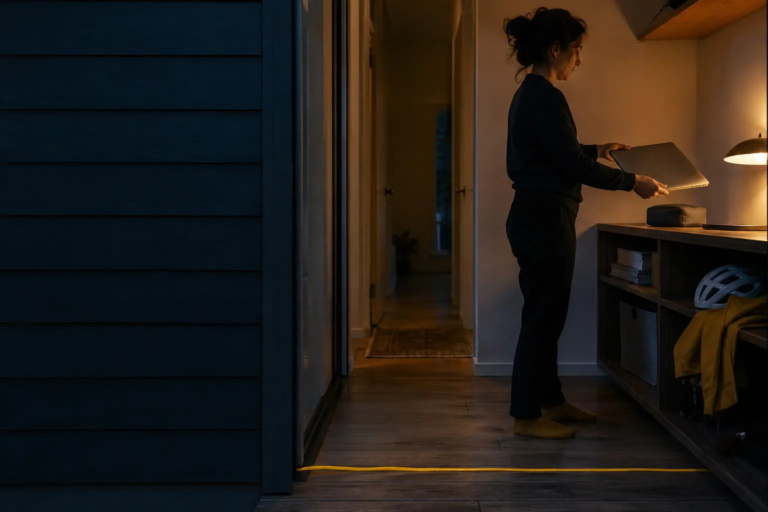 Fictional adult entrepreneur closing a laptop at an evening home-studio threshold marked by a mustard line