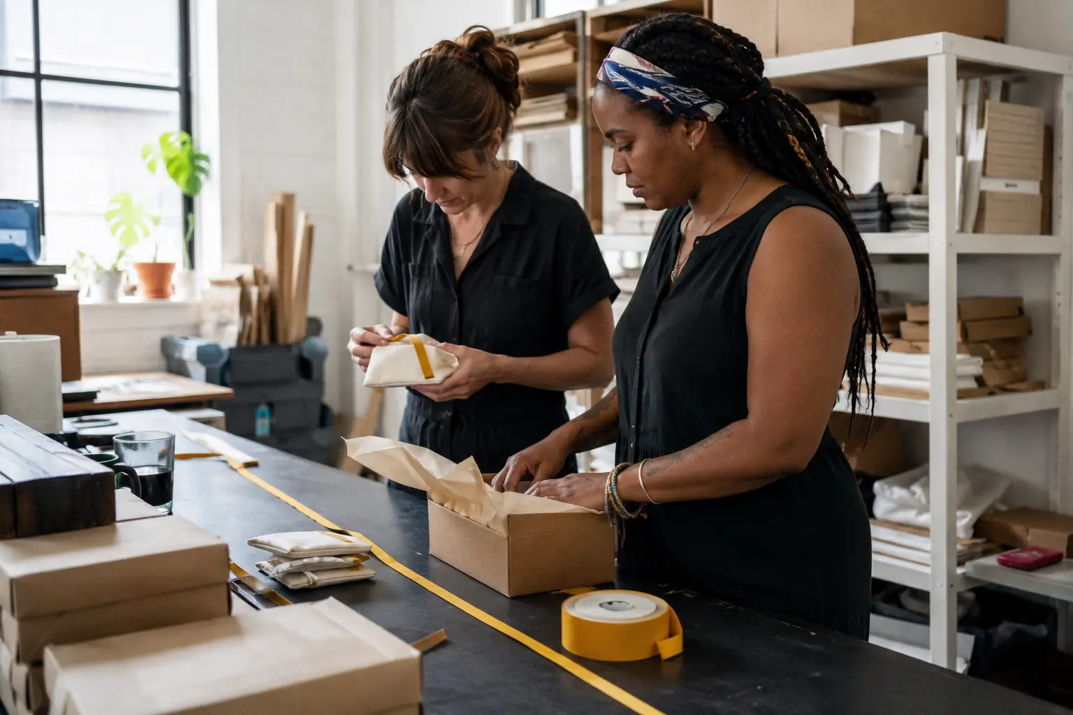Two fictional adult women packing blank textile samples together in a bright independent studio